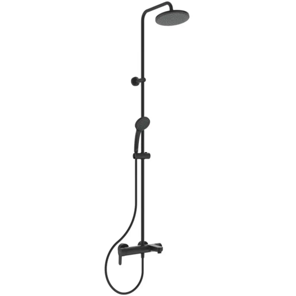 Schwarzes Duschsystem mit Regenbrause und Handbrause. Integrierte Armatur zur Temperatureinstellung. Produkt von Ideal Standard.